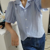 review of 반원 아틀리에 VO Crop stripe shirt Marine stripe A3417