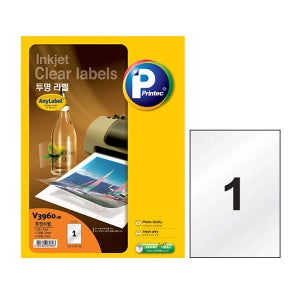 프린텍 애니라벨 ( V3960-50 ) 투명라벨 1칸 50매/ 잉크젯프린터 전용