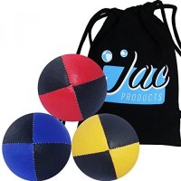 Set of 3 Jac Products Pro Thud Juggling Balls (UK Made) & Cotton Travel Bag (Red/Black Blue/Black Y