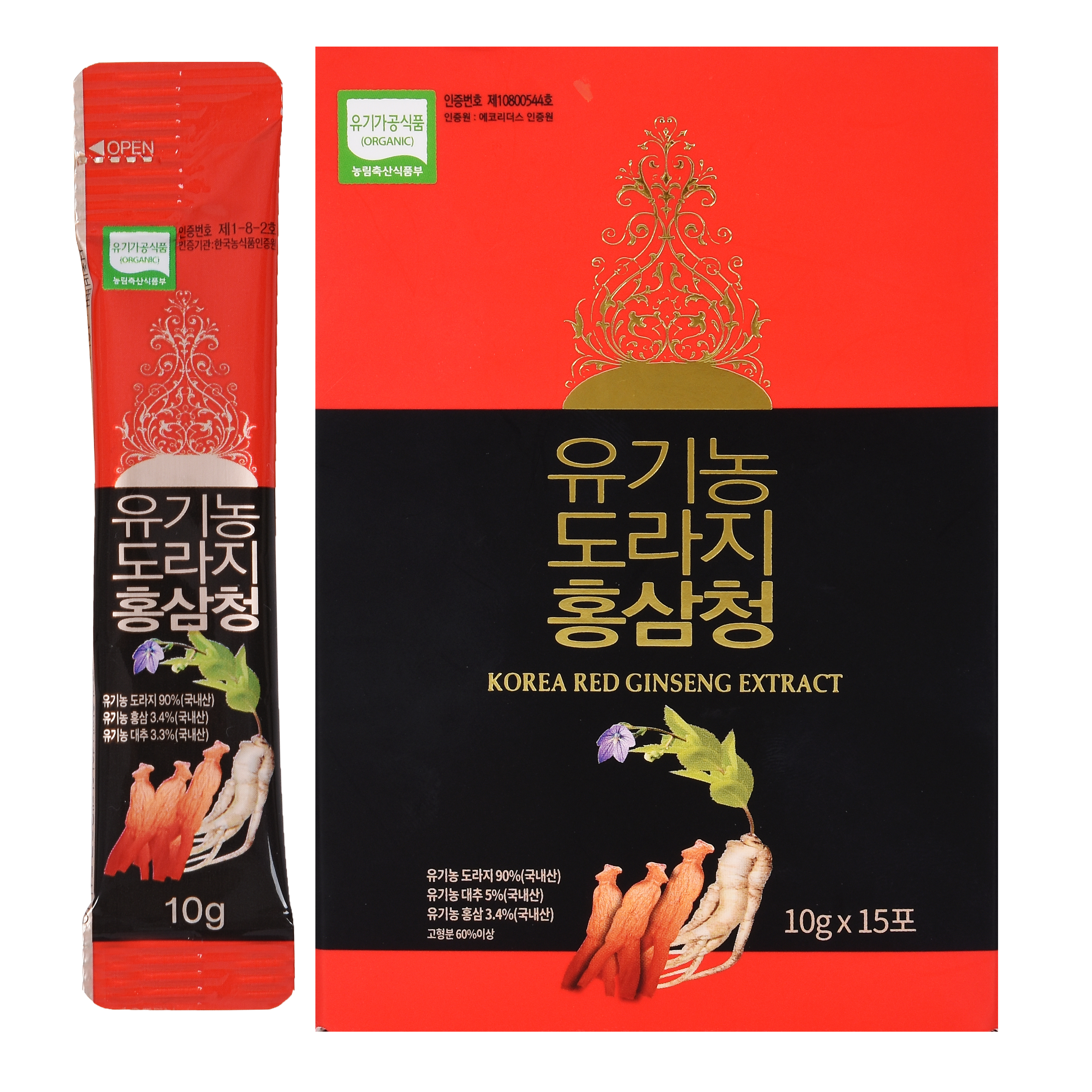 짜먹는 농축액 <b>유기농 도라지 홍삼청</b>(<b>10g</b>/15ea) 스틱 배 도라지청