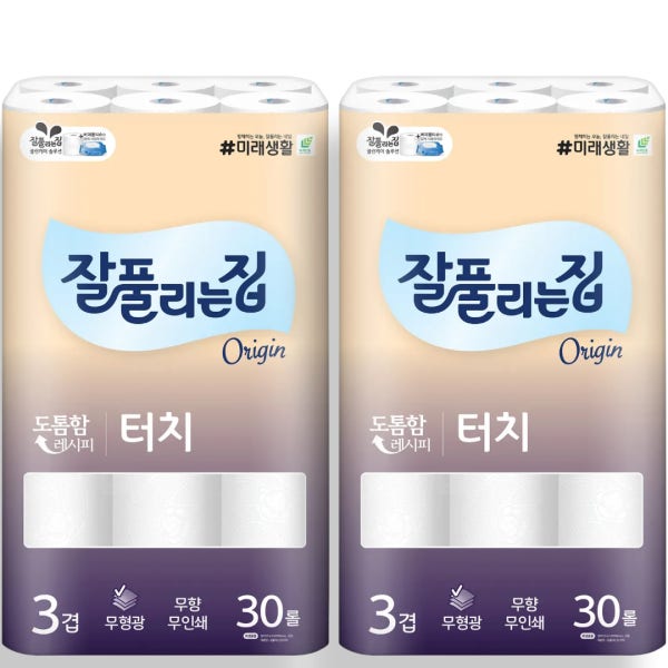 잘풀리는집 화장지 3겹 30롤 2팩 터치 두루마리 휴지 물에잘녹는