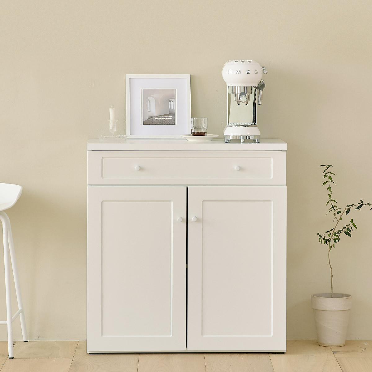 킨포 심플 주방수납장 그릇장 홈카페장 부엌수납장 카페장 홈바장 800x400x850mm, 2단, 화이트