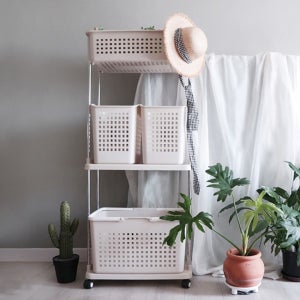 이동식 빨래바구니 분리수거함 다용도 정리함 수납형 더블와이드 3단 베이지
