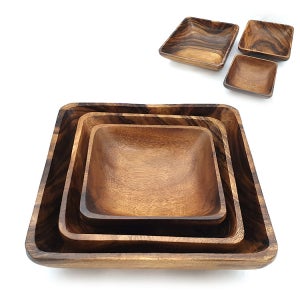 아카시아 정사각 목기 3P WD-4695 나무 접시 함지 그릇 용 목재 주방 안주 팝콘 보관