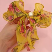 겨자 심쿵 플라워 에스닉 꽃 청순 데일리 기본 여성스러운 선물 진주 쉬폰 리본 왕 머리핀