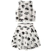 6952402-Cfanny Womens Cartoon Eyes and Tears Pattern Tight Crop Top,Top Skirt Set,One Size