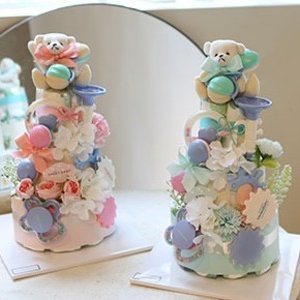 베이비샤워 돌선물 7종딸랑이 3단 기저귀케이크