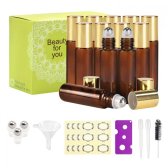 Essential Oil Roller Bottles - 12 Pack, 10ml Amber Glass Roller Bottles with Golden Aluminum Lids By