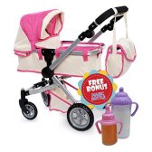 Doll Pram stroller with Swiveling Wheels & Adjustable Handle and Free Diaper Bag