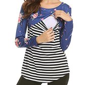 4368391-Womens Breastfeeding and Nursing Printing Long Sleeves Striped Stitching Shirt Tops