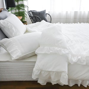 60수 워싱광목 차렵이불 [사이드핀탁/프릴] 오프화이트[먼지없는 호텔식 봄 사계절 신혼 순면 이불세트]