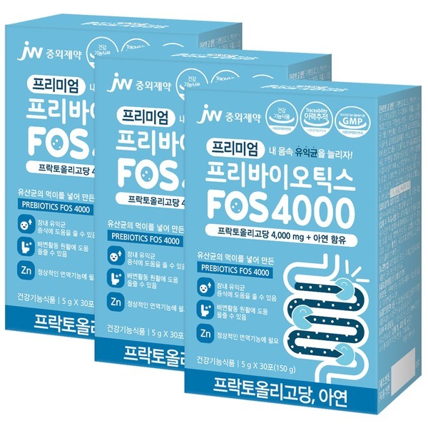 JW중외제약 <b>프리바이오틱스 FOS4000</b>+아연 분말 가루 유산균 3박스