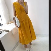플라워 아일렛 자수 펀칭 슬리브리스 롱 원피스 고급스러운 소재감