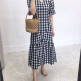 린넨 고방체크 셔링 프릴러플 머에이드 롱원피스