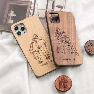 주문제작 아이폰 갤럭시 드로잉 우드케이스 커플 각인, 퍼니데일리