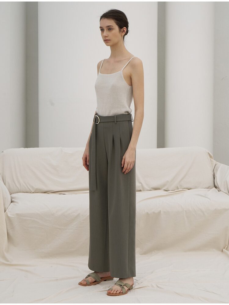 [리이] STRAIGHT WIDE LEG SLACKS TROUSERS KH 카키 RN2SLO019-0-KH