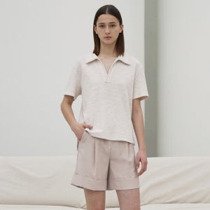리이 2color V Neck Collared Cotton Blend T Shirt Be