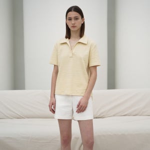 리이 2color V Neck Collared Cotton Blend T Shirt Ye