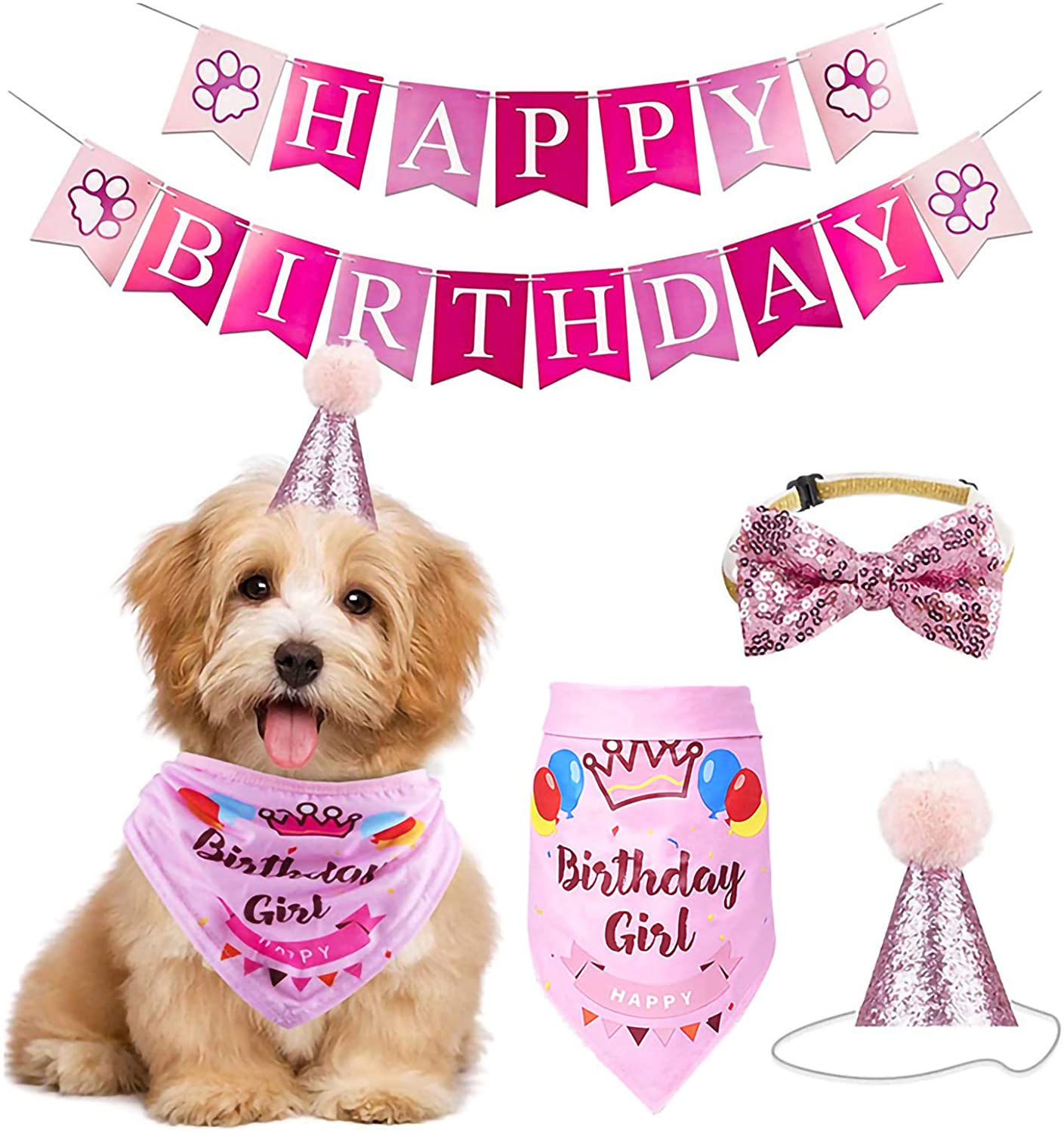 SCENEREAL Dog Birthday Boy Bandana Set Happy Birthday Dog Accessories Lovely Bandana and Cute Birthday Hat for Dog Birthday Party Wearing 