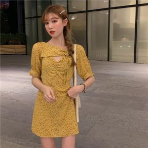 네크라인 타이 반팔 플라워 미니 원피스 <b>2765</b>