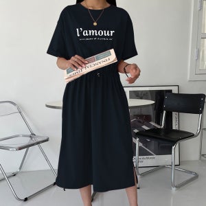 메이첼 스트링 반팔 트임 통기성 롱 티 원피스 00104 빅사이즈 포함 블랙 2XL