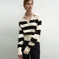 닉앤니콜 EMB OPEN COLLAR STRIPE KNIT LIGHT