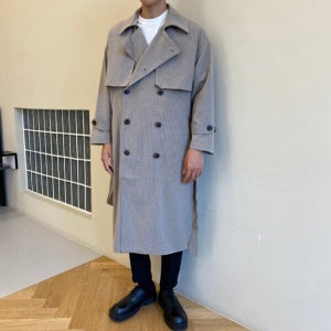 잔체크 더블 롱 봄 가을 트렌치 코트 / 그린옐로우 브라운