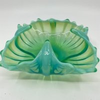 포스토리아 "Heirloom" 그린 오팔레슨 (유백색) 아트 글래스 사각 플로렛 보울 Fostoria "Heirloom" Green Opalescent Art Glass Squar