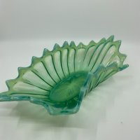 포스토리아 "Heirloom" 그린 오팔레슨 (유백색) 아트 글래스 직사각형 센터 보울 Fostoria "Heirloom" Green Opalescent Art Glass Oblo