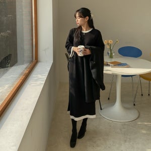 배색포인트슬릿니트롱원피스