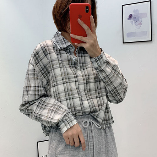 [블루레몬] 지지미 크롭 체크 셔츠 남방 루즈핏 숏 셔츠 시스루 시원한 여름 간절기 아우터 아사면 코튼  그레이