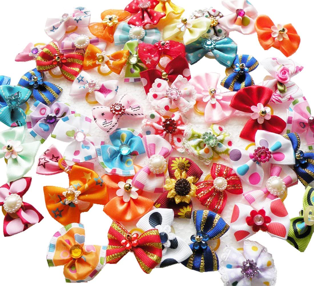 100pcs/50pairs Dog Bows Rhinestone Pearls Pet Hair Bows with Rubber Bands Puppy Bowknot Topknot Pet Grooming Bows Varies Colors Dog Hair Accessories 