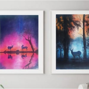 🌌몽환적이고 신비로운 한국화🦌사슴과노을🌅🌌, 와일드아트스튜디오