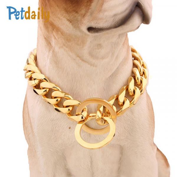 txprodogchains Big Dog Chain Collar Strong Heavy Duty P Chain Choke Collar 15MM Thick Wide Stainless Steel Metal 18K Gold Cuban Link Choke Chain Leash for Small Medium Large Dogs 