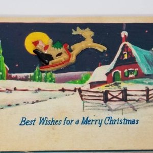 빈티지 이미지 3D 크리스마스 나무 엽서 산타 썰매 집 위를 날고 - 수제 손으로 만든 복고풍 인사말 카드 장식