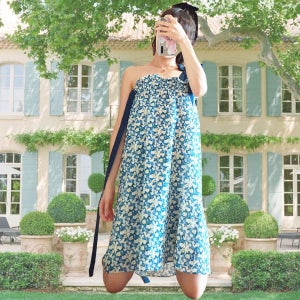 키작녀 여름 플라워 루즈핏 끈나시 뷔스티에 미디 원피스, 킨예(KINYE)