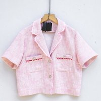 여성 여름 트위드반팔 자켓 숏 크롭 핑크색 키작녀 재킷 L