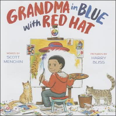 Grandma in blue with red hat