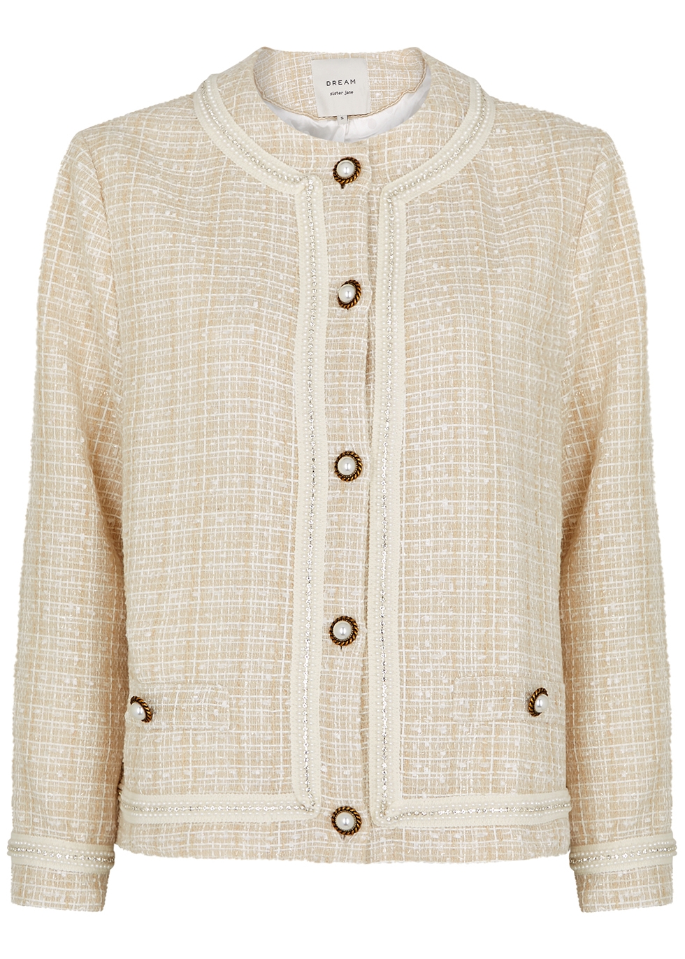 Oyster cream embellished bouclé tweed jacket female
