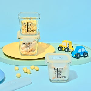 글라스락 베이비 눈금 이유식 용기 270ml 큰 용량 사면결착캡 4개 세트(노랑)