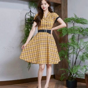 옐로우 체크 벨트 원피스 레트로 복고의상 졸업사진 졸업사진컨셉 졸업스냅 졸사 수능사진