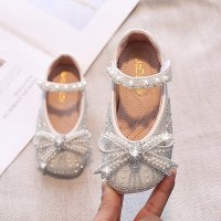 Girls Wedding Shoes Sliver Pearl Strap Shoes for Baby Mary Jane Bling Princess Shoes Kids Crystal Bo