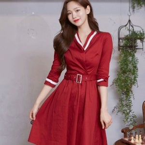 [미스개화기] 레드 화이트라인 벨트 원피스 레트로 복고의상 졸업사진 졸업사진컨셉 졸업스냅 졸사 수능사진