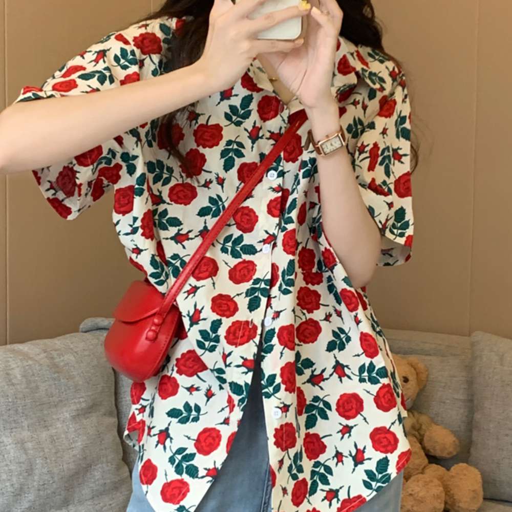 화이트 레드 꽃무늬 여성 캐주얼 데일리룩 반팔 셔츠 남방 J22
