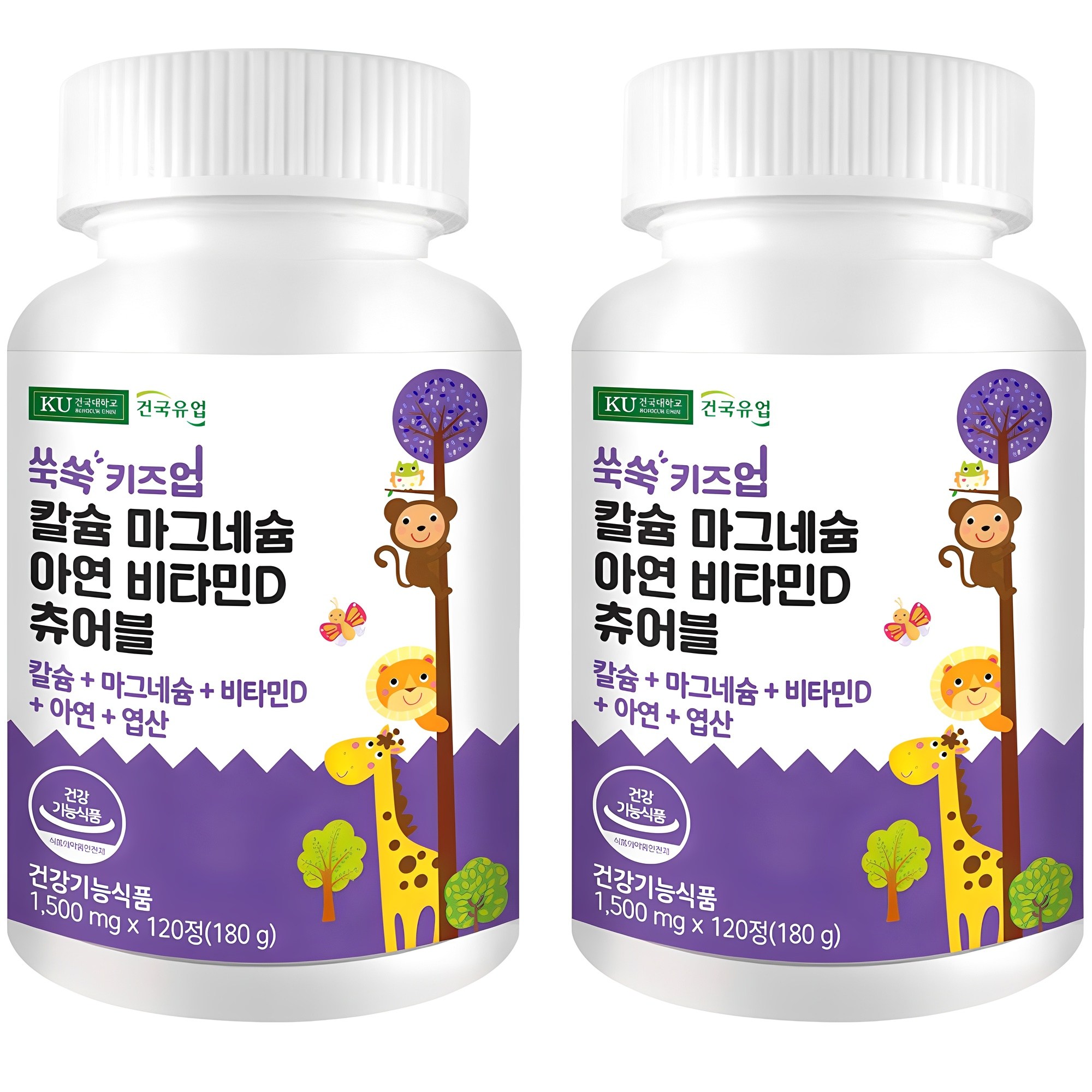 <b>건국유업</b> 쑥쑥 키즈업 칼슘 마그네슘 <b>아연</b> 비타민D 츄어블 180g  120정  2개