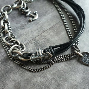 실버 유화 3단 레이어드 가죽 팔찌, 장신구 OAK