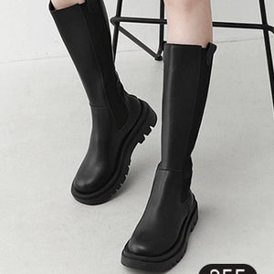 클레 라운드토 통굽 첼시 니하이 백지퍼 롱부츠(5.0cm)