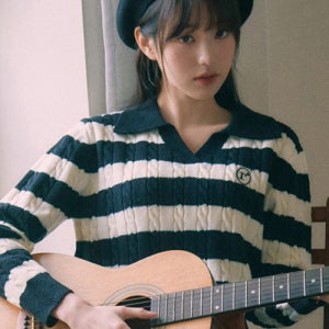 [로라로라] COLLAR STRIPE BOARDER KNIT WH+BK 5000088907