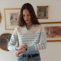 로라로라 COLLAR STRIPE KNIT WH BL