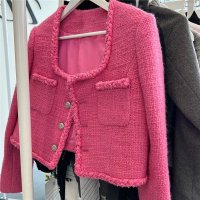 여성트위드자켓 핑크색 숏 봄 가을 크롭 노카라 키작녀 재킷 하객룩